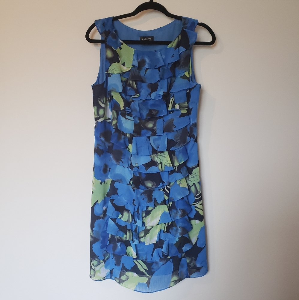 Adrianna Papell Blue Floral Ruffle Front Dress